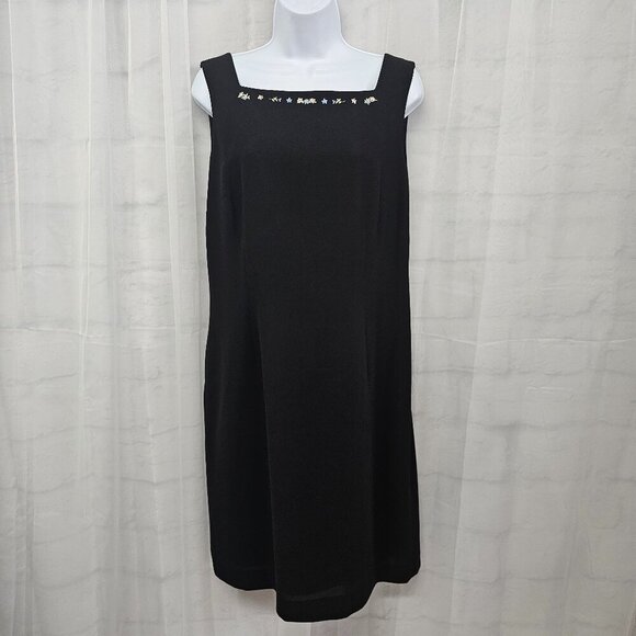 Vintage Talbots Black Sleeveless Embroidered Dress Minimalist Shift Retro 12 - Picture 1 of 14
